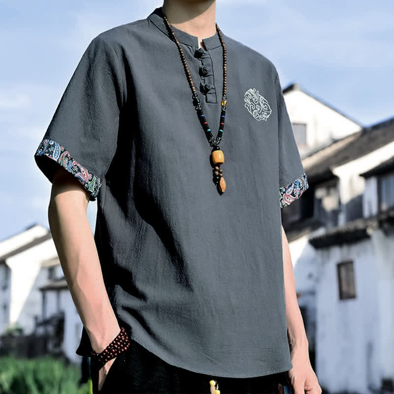 Nimara Ritual Summer Tang Style Casual Frog Button Embroidery Men's Short Sleeve Shirts
