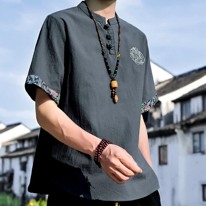 Nimara Ritual Summer Tang Style Casual Frog Button Embroidery Men's Short Sleeve Shirts