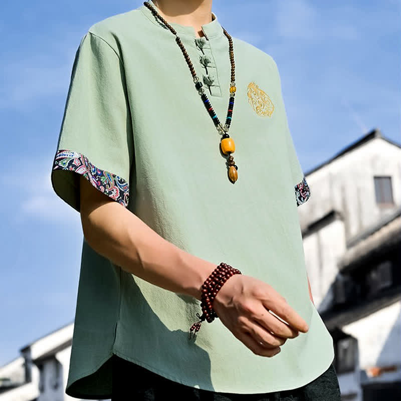 Nimara Ritual Summer Tang Style Casual Frog Button Embroidery Men's Short Sleeve Shirts