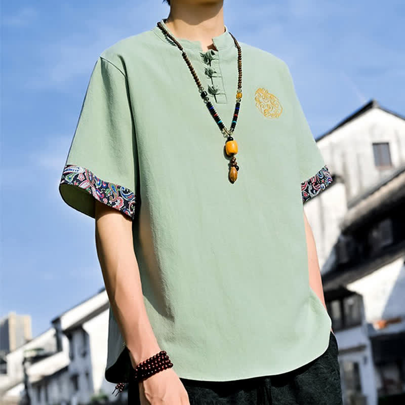 Nimara Ritual Summer Tang Style Casual Frog Button Embroidery Men's Short Sleeve Shirts