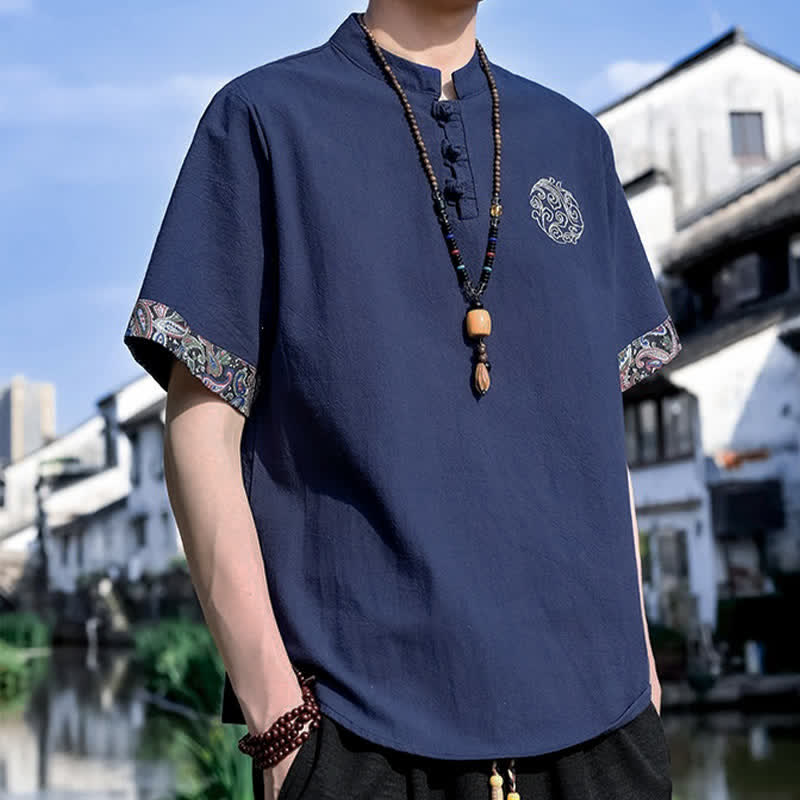 Nimara Ritual Summer Tang Style Casual Frog Button Embroidery Men's Short Sleeve Shirts
