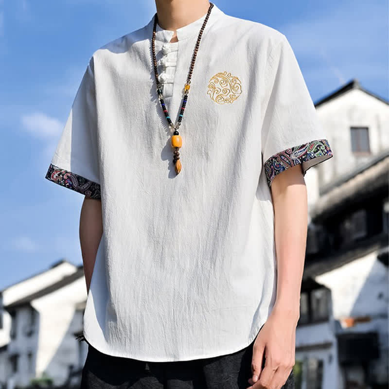Nimara Ritual Summer Tang Style Casual Frog Button Embroidery Men's Short Sleeve Shirts
