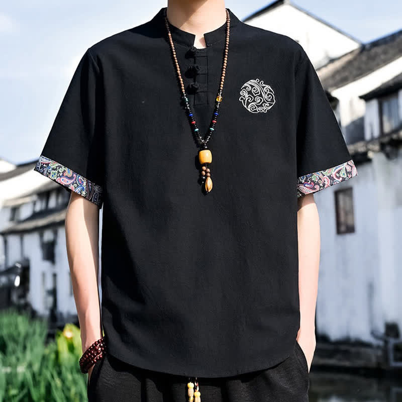 Nimara Ritual Summer Tang Style Casual Frog Button Embroidery Men's Short Sleeve Shirts