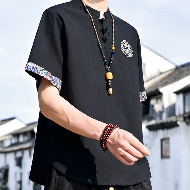 Nimara Ritual Summer Tang Style Casual Frog Button Embroidery Men's Short Sleeve Shirts