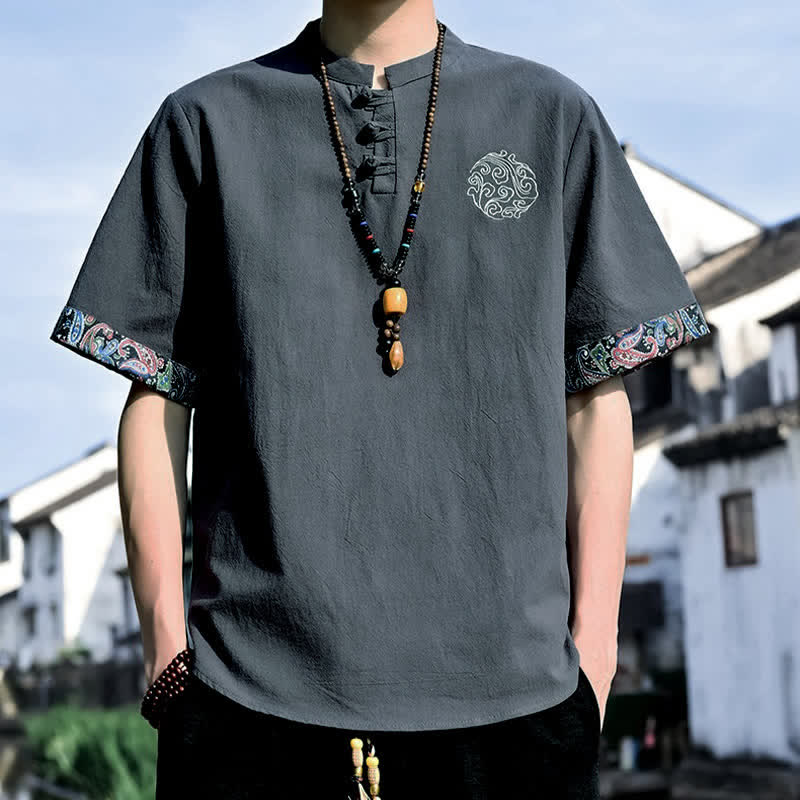 Nimara Ritual Summer Tang Style Casual Frog Button Embroidery Men's Short Sleeve Shirts