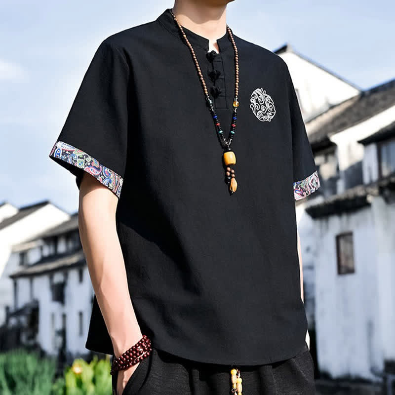 Nimara Ritual Summer Tang Style Casual Frog Button Embroidery Men's Short Sleeve Shirts