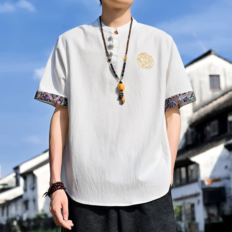 Nimara Ritual Summer Tang Style Casual Frog Button Embroidery Men's Short Sleeve Shirts