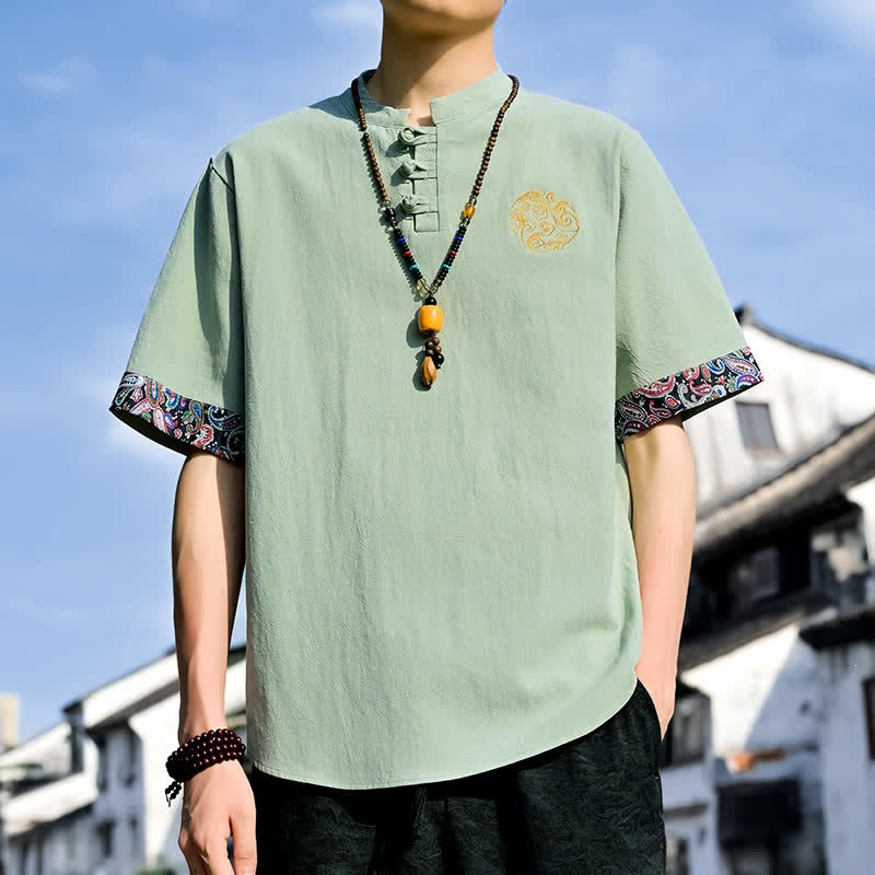 Nimara Ritual Summer Tang Style Casual Frog Button Embroidery Men's Short Sleeve Shirts