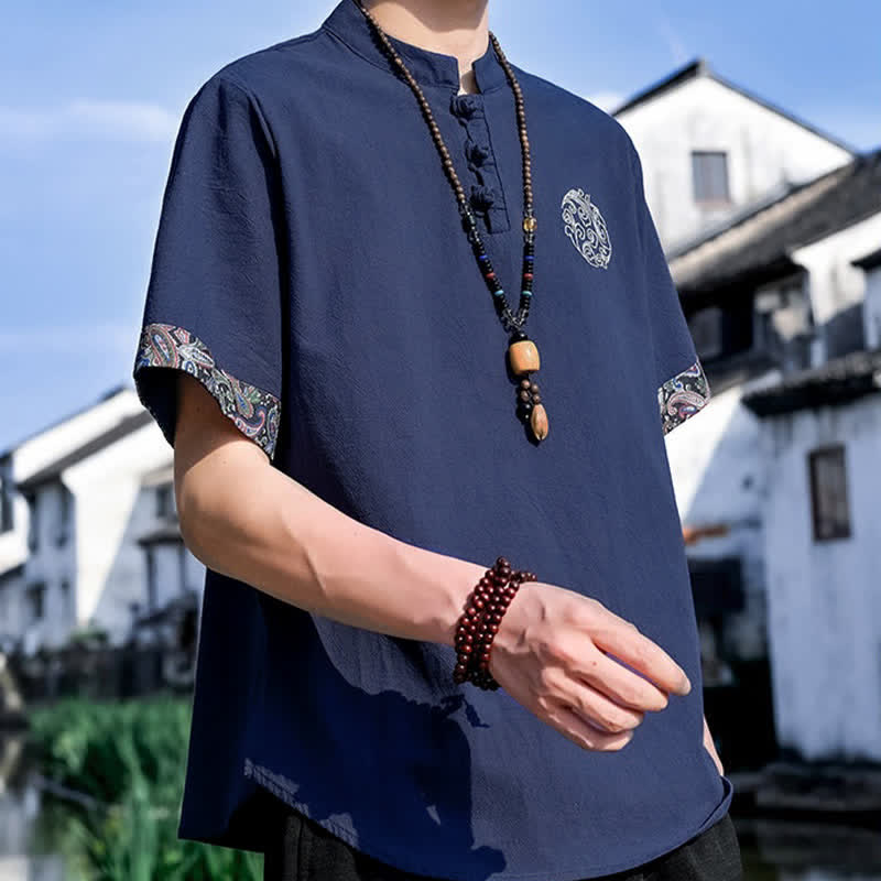 Nimara Ritual Summer Tang Style Casual Frog Button Embroidery Men's Short Sleeve Shirts