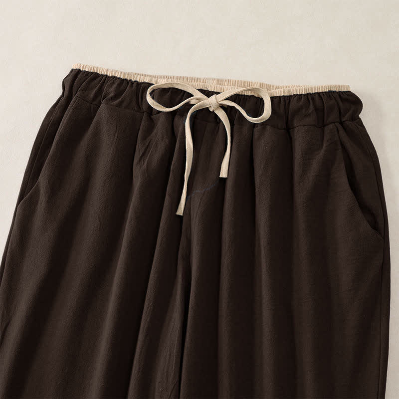 Nimara Ritual Minimal Contrast Trim Pattern Cotton Linen Women's Elastic Waist Pants With Pockets
