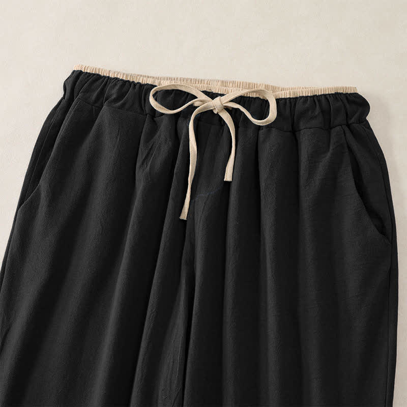 Nimara Ritual Minimal Contrast Trim Pattern Cotton Linen Women's Elastic Waist Pants With Pockets