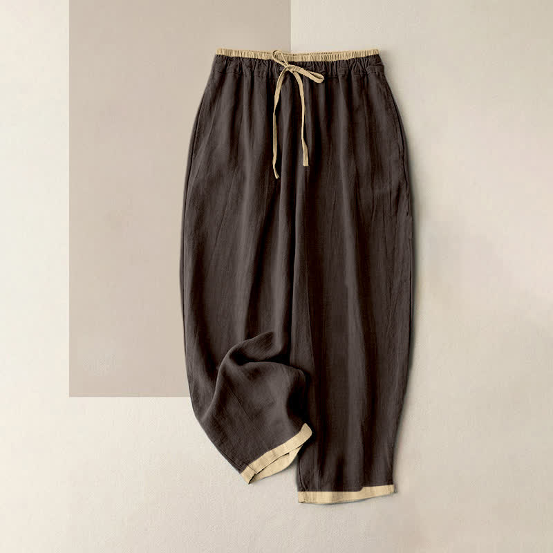 Nimara Ritual Minimal Contrast Trim Pattern Cotton Linen Women's Elastic Waist Pants With Pockets