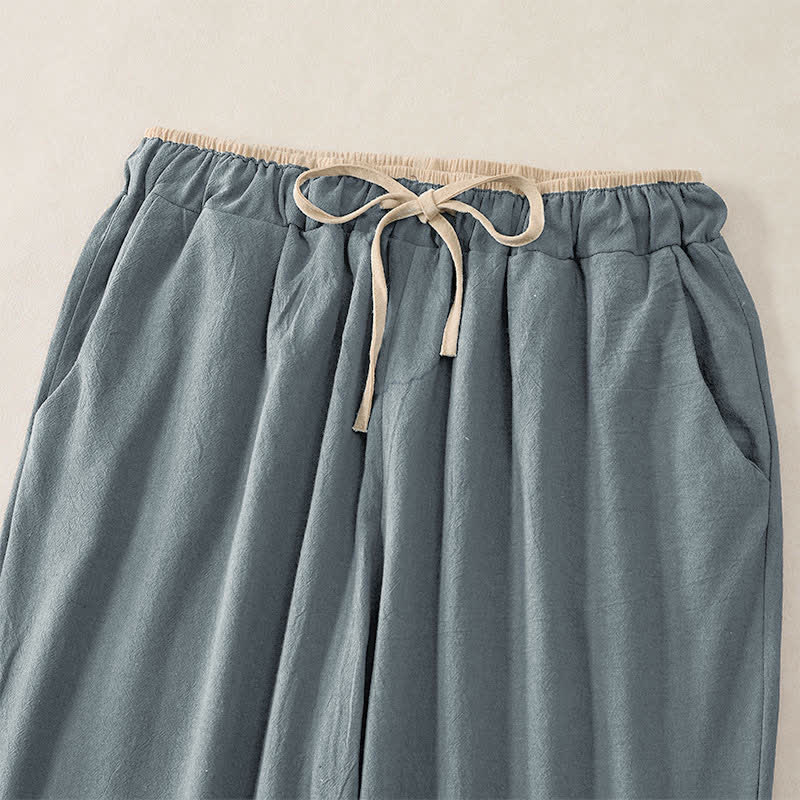 Nimara Ritual Minimal Contrast Trim Pattern Cotton Linen Women's Elastic Waist Pants With Pockets