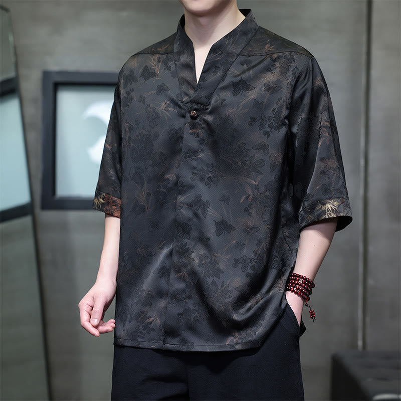 Nimara Ritual Spring Summer Tang Style Casual Mandarin Collar Bamboo Butterfly Men's Short Sleeve Shirts