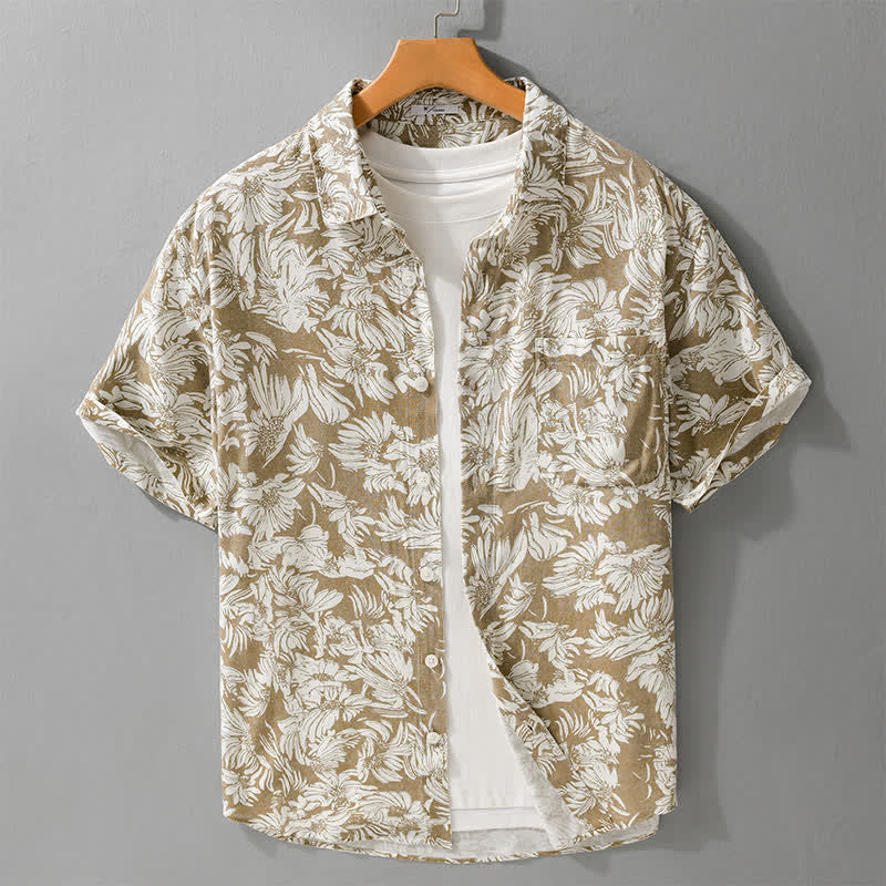 Nimara Ritual Summer Casual Button-Up Sunflower Floral Men's Short Sleeve Shirts With Patch Pocket