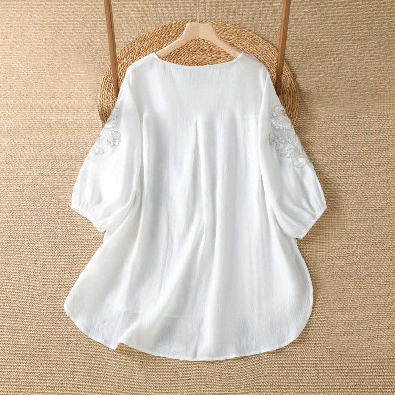 Nimara Ritual Summer Casual Elegant Embroidery White Floral Crew Neck Women's Long Sleeve T-Shirt
