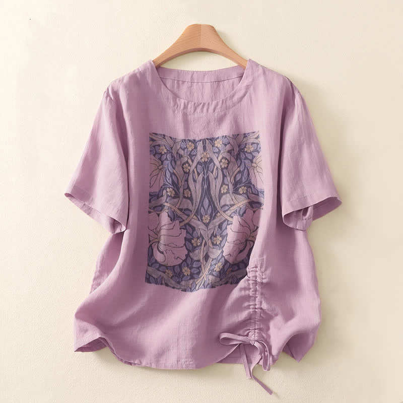 Nimara Ritual Summer Casual Vintage Drawstring Abstract Flowers Print Women's Short Sleeve T-Shirts