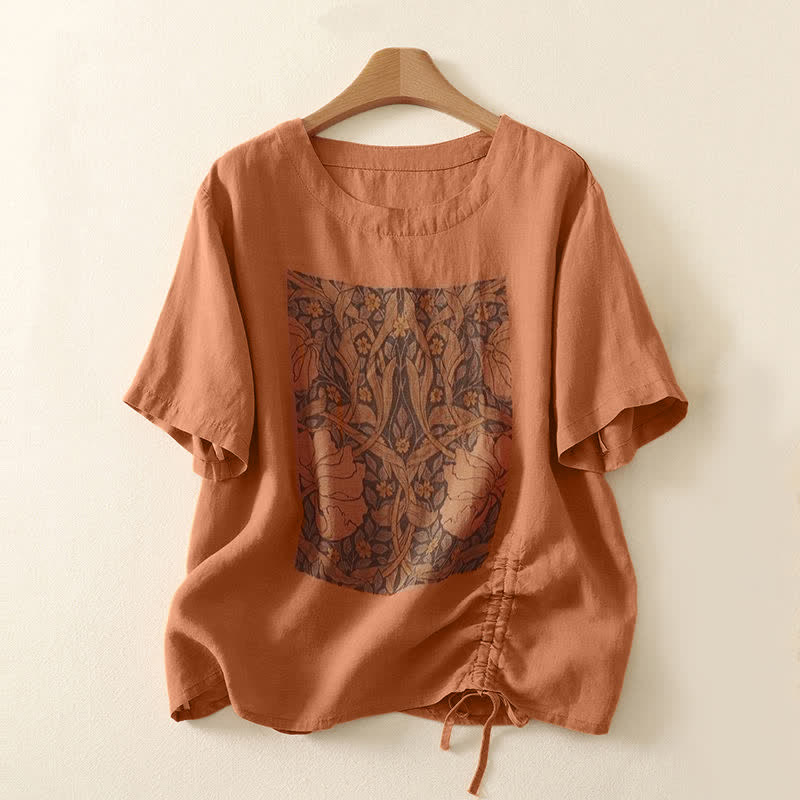 Nimara Ritual Summer Casual Vintage Drawstring Abstract Flowers Print Women's Short Sleeve T-Shirts