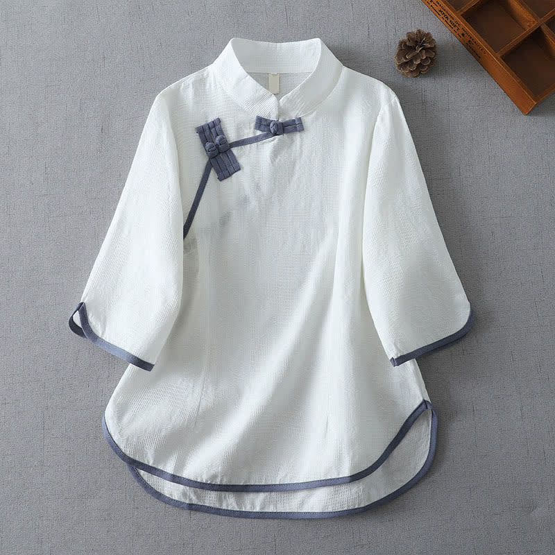 Nimara Ritual Summer Tang Style Minimalist Mandarin Collar Frog Button Solid Women's Short Sleeve Shirts