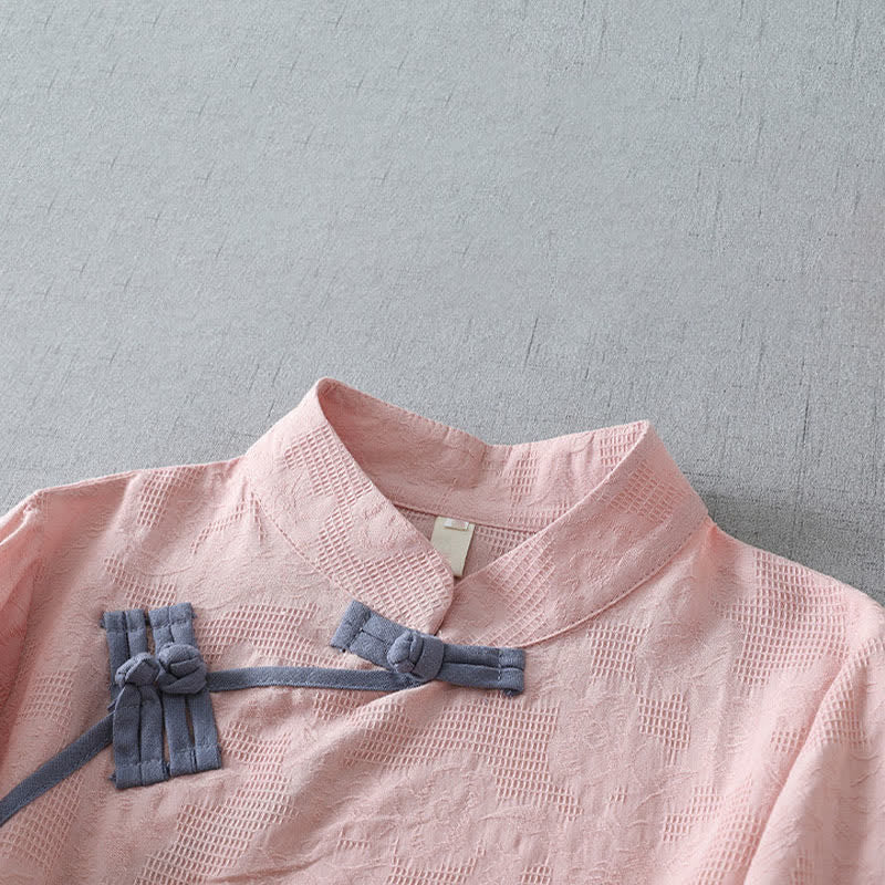 Nimara Ritual Summer Tang Style Minimalist Mandarin Collar Frog Button Solid Women's Short Sleeve Shirts