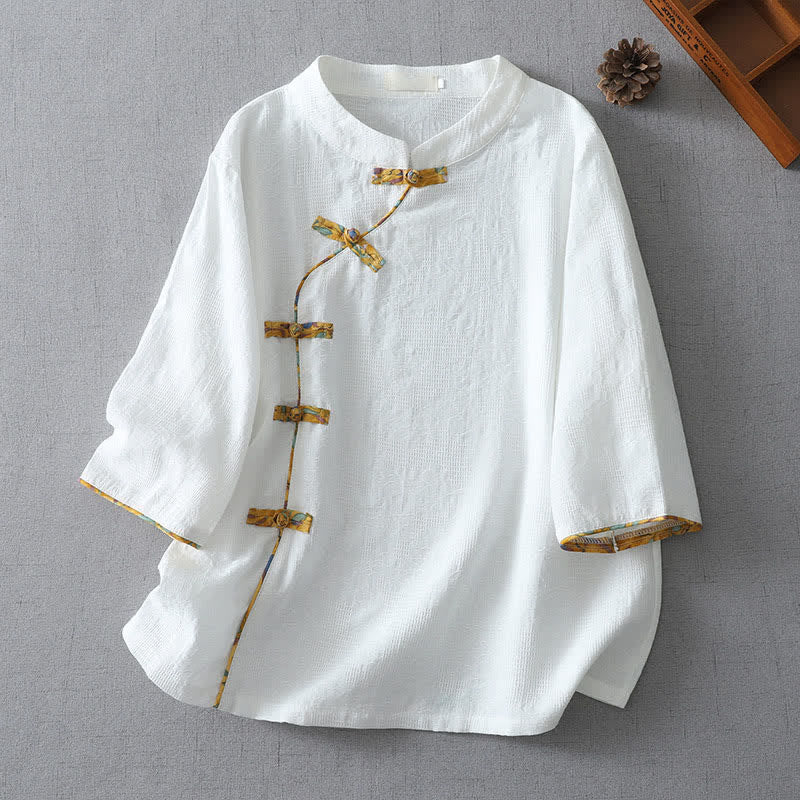 Nimara Ritual Summer Tang Style Casual Frog Button Solid Women's Elbow-Length Sleeve Shirts