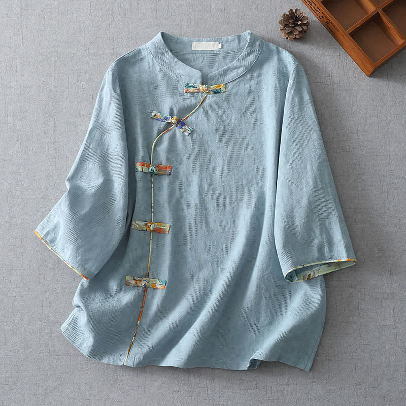 Nimara Ritual Summer Tang Style Casual Frog Button Solid Women's Elbow-Length Sleeve Shirts