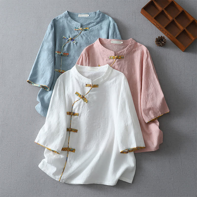Nimara Ritual Summer Tang Style Casual Frog Button Solid Women's Elbow-Length Sleeve Shirts