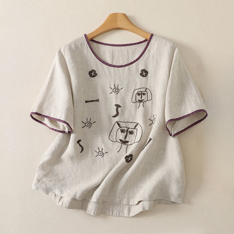 Nimara Ritual Summer Casual Vintage Abstract Sun Flowers Character Embroidery Women's Short Sleeve T-Shirts