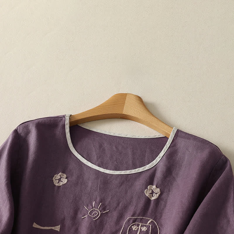 Nimara Ritual Summer Casual Vintage Abstract Sun Flowers Character Embroidery Women's Short Sleeve T-Shirts