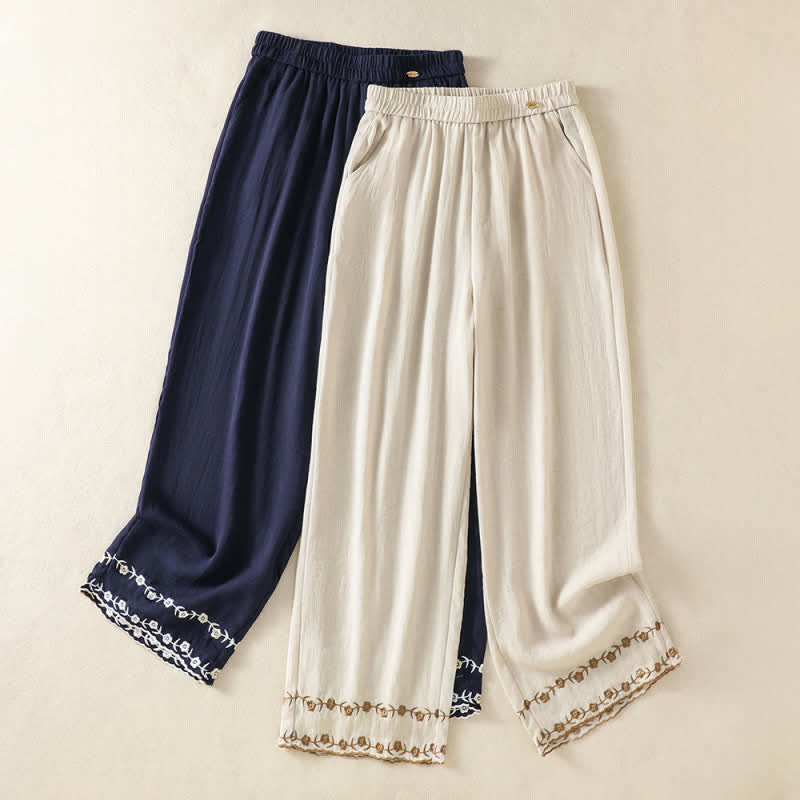 Nimara Ritual Summer Casual Vintage Embroidery Floral Cropped Pants Women's Straight Leg Pants With Pocket
