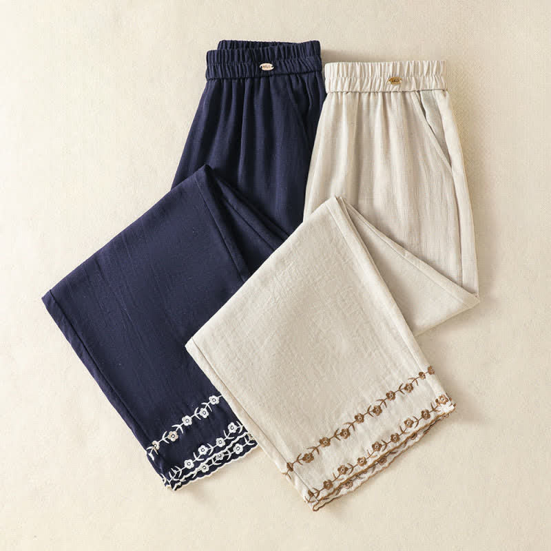 Nimara Ritual Summer Casual Vintage Embroidery Floral Cropped Pants Women's Straight Leg Pants With Pocket