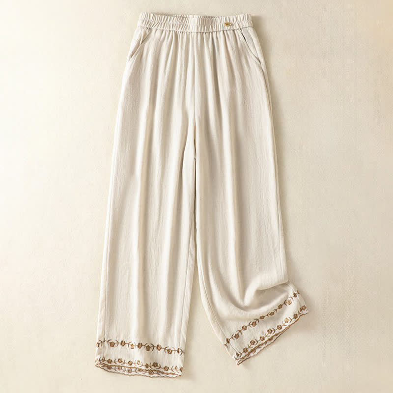 Nimara Ritual Summer Casual Vintage Embroidery Floral Cropped Pants Women's Straight Leg Pants With Pocket