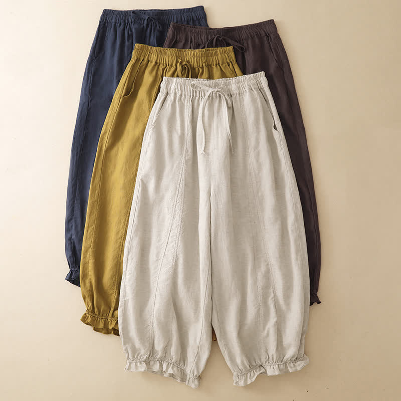 Nimara Ritual Summer Casual Drawstring Solid Ruffle Hem Cropped Pants Women's Harem Pants With Pocket
