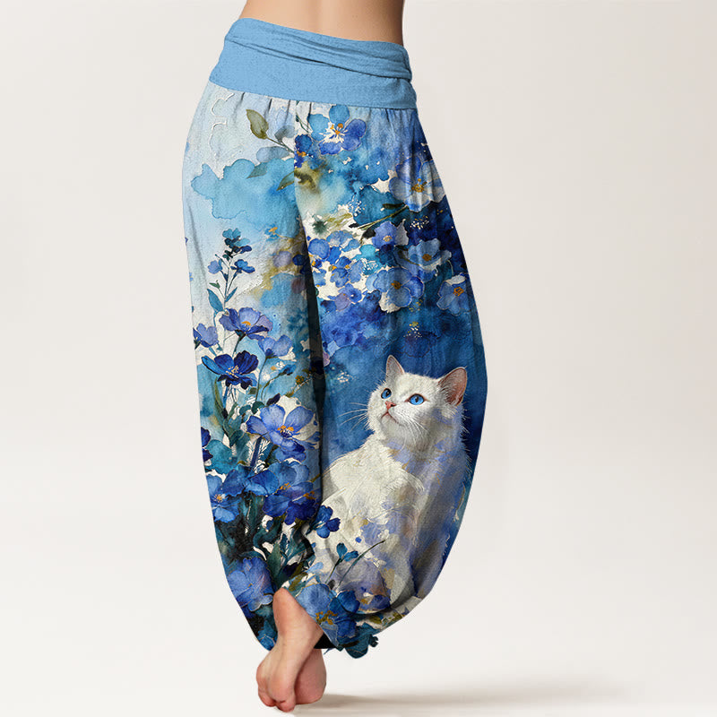 Nimara Ritual Pure Cotton Floral White Cat Pattern Women's Elastic Waist Harem Pants