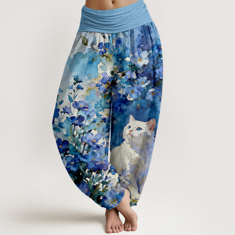 Nimara Ritual Pure Cotton Floral White Cat Pattern Women's Elastic Waist Harem Pants
