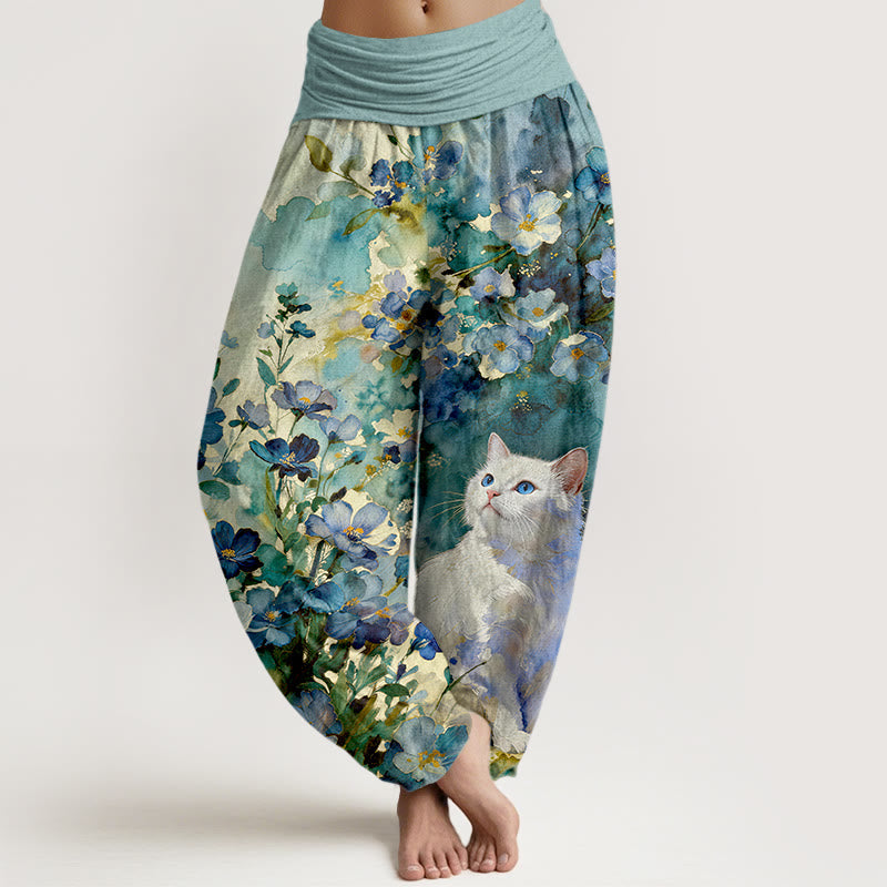 Nimara Ritual Pure Cotton Floral White Cat Pattern Women's Elastic Waist Harem Pants