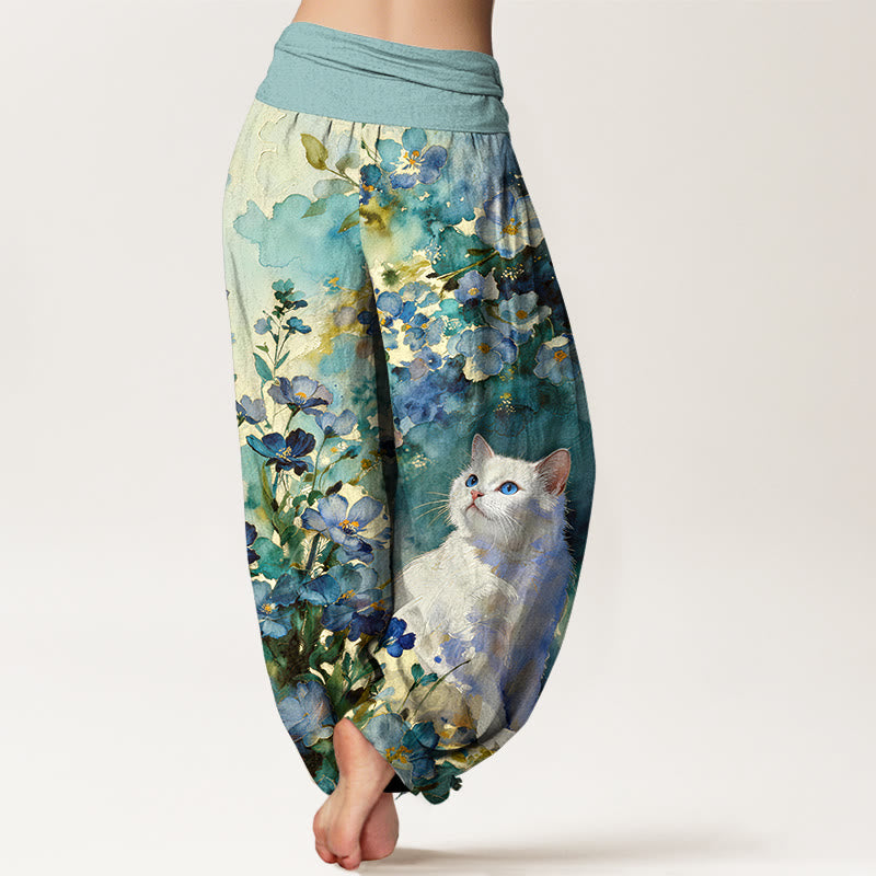 Nimara Ritual Pure Cotton Floral White Cat Pattern Women's Elastic Waist Harem Pants