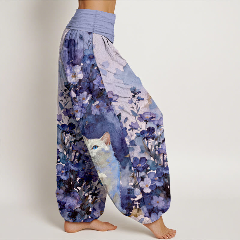Nimara Ritual Pure Cotton Floral White Cat Pattern Women's Elastic Waist Harem Pants