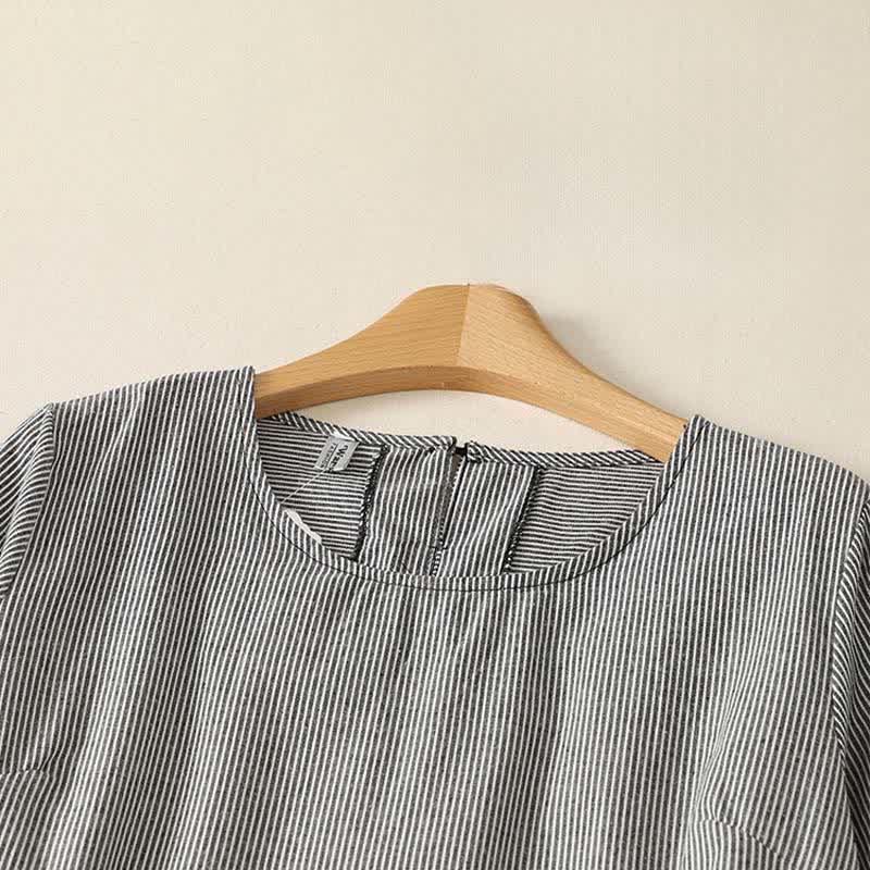 Nimara Ritual Summer Casual Simple Side Slit Striped Women's Short Sleeve Dresses With Pocket