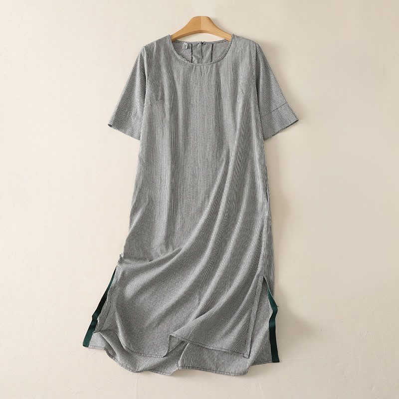 Nimara Ritual Summer Casual Simple Side Slit Striped Women's Short Sleeve Dresses With Pocket