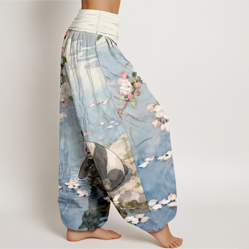 Nimara Ritual Pure Cotton Cherry Blossom Panda Pattern Women's Elastic Waist Harem Pants