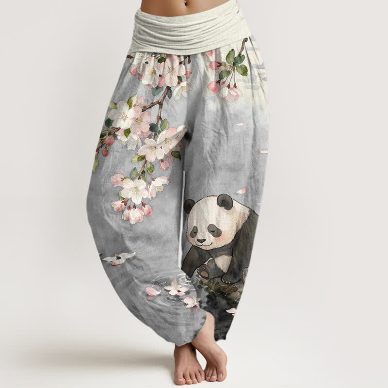Nimara Ritual Pure Cotton Cherry Blossom Panda Pattern Women's Elastic Waist Harem Pants