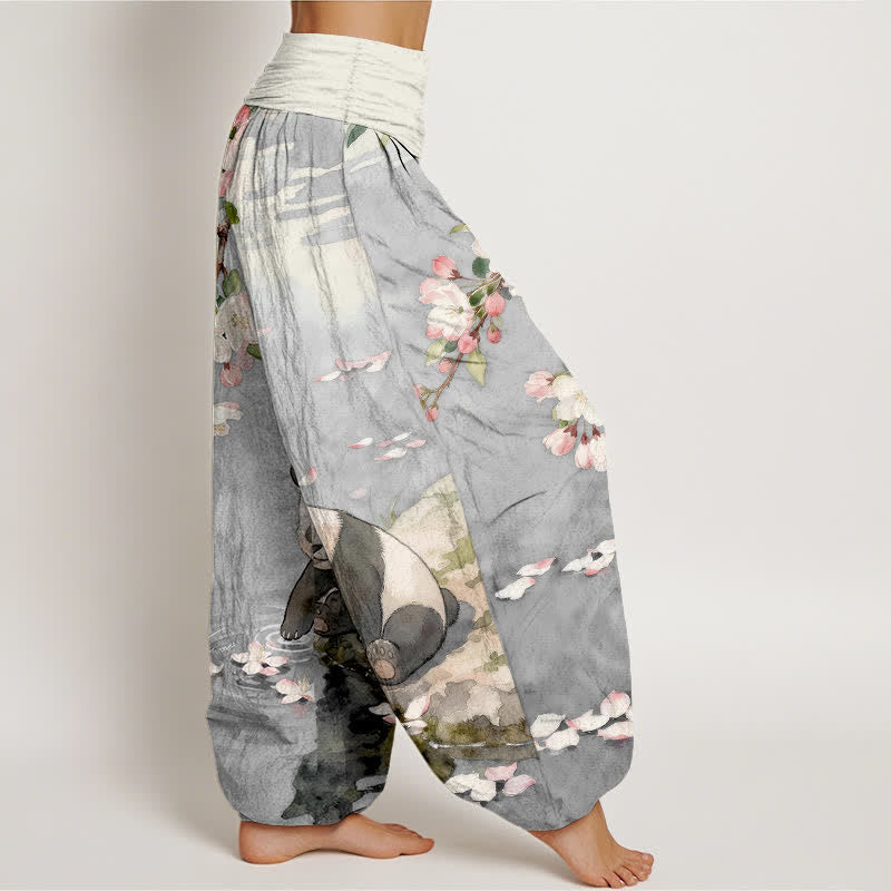 Nimara Ritual Pure Cotton Cherry Blossom Panda Pattern Women's Elastic Waist Harem Pants
