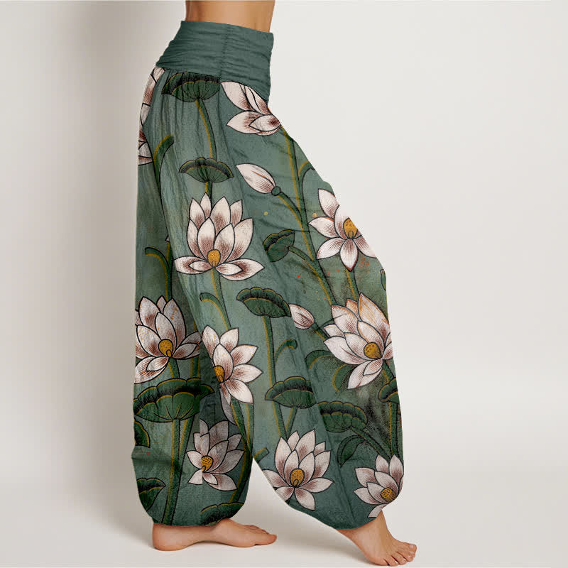 Nimara Ritual Pure Cotton Lotus Bloom Pattern Women's Elastic Waist Harem Pants