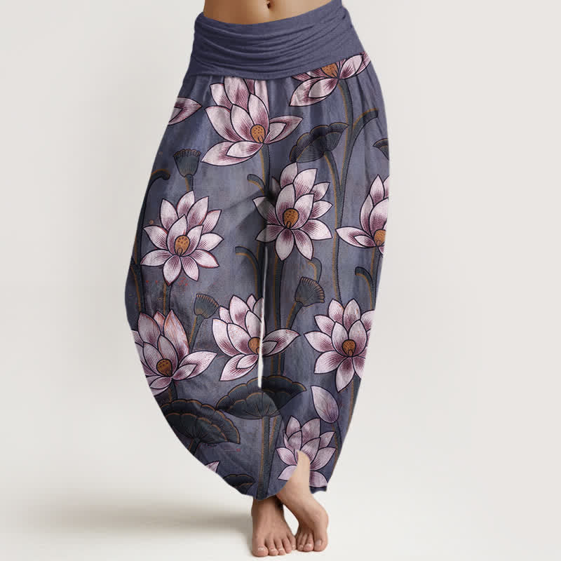 Nimara Ritual Pure Cotton Lotus Bloom Pattern Women's Elastic Waist Harem Pants