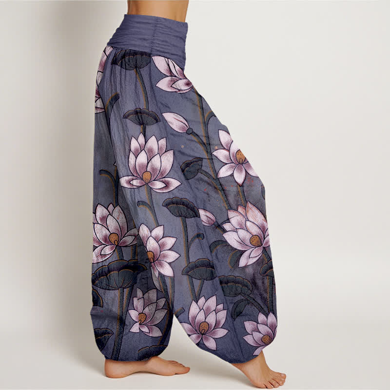 Nimara Ritual Pure Cotton Lotus Bloom Pattern Women's Elastic Waist Harem Pants
