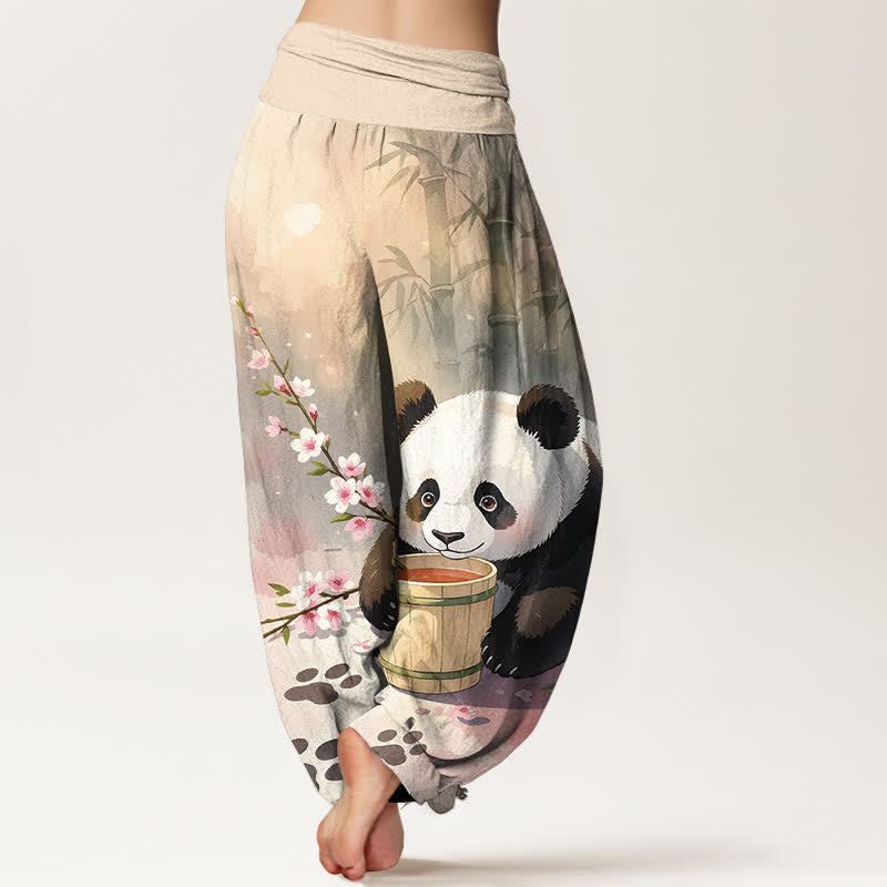 Nimara Ritual Pure Cotton Panda Bamboo Blossom Pattern Women's Elastic Waist Harem Pants