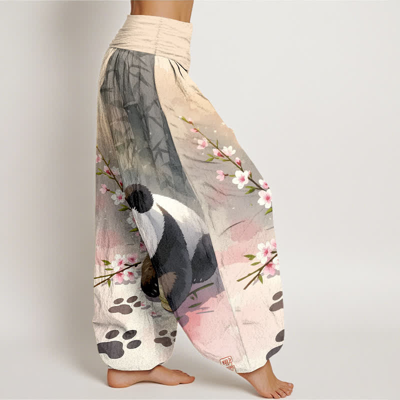 Nimara Ritual Pure Cotton Panda Bamboo Blossom Pattern Women's Elastic Waist Harem Pants