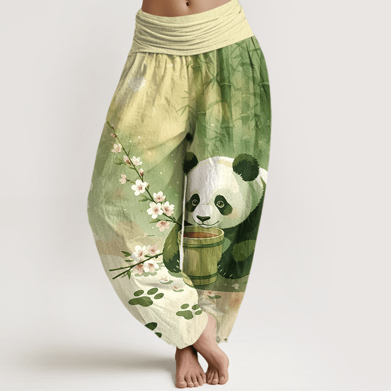 Nimara Ritual Pure Cotton Panda Bamboo Blossom Pattern Women's Elastic Waist Harem Pants