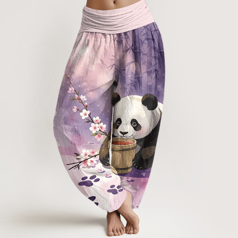 Nimara Ritual Pure Cotton Panda Bamboo Blossom Pattern Women's Elastic Waist Harem Pants